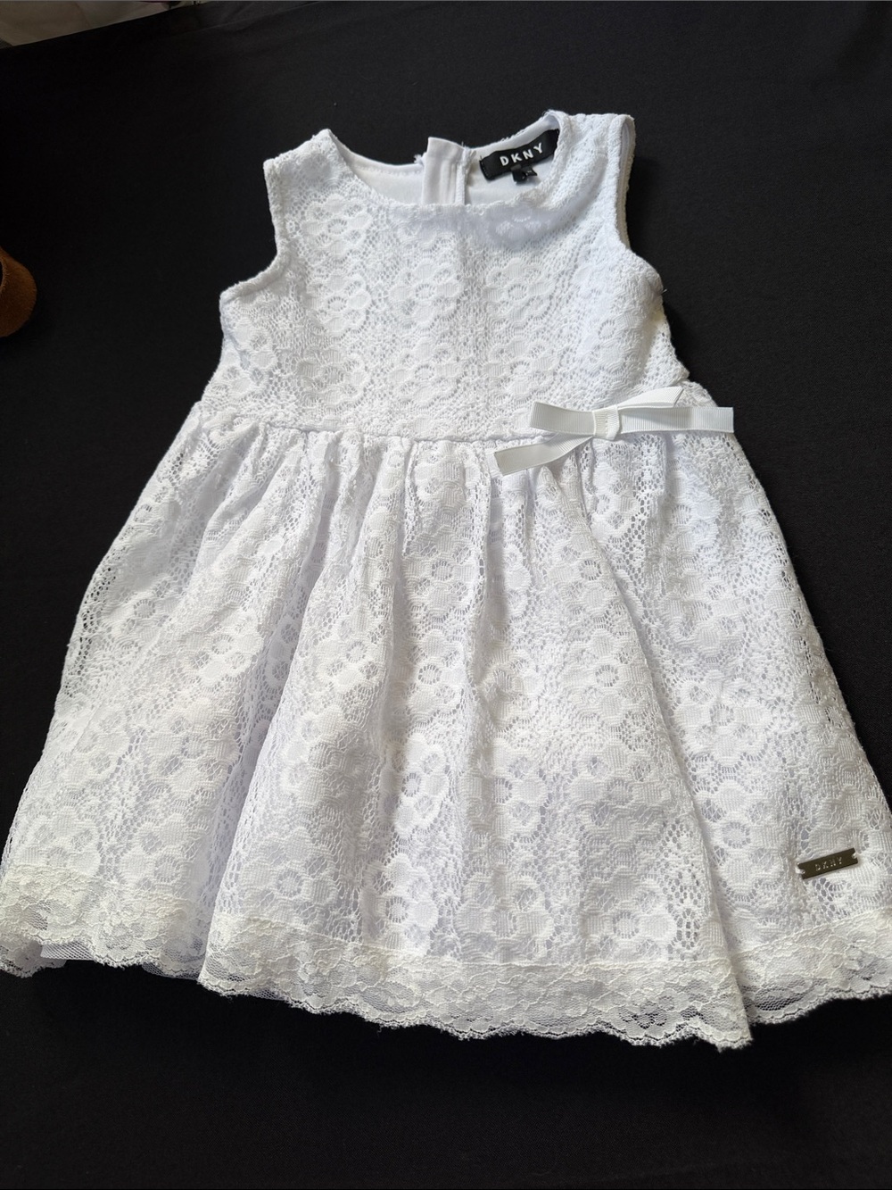DKNY White Lace Party Dress with Waist Bow
